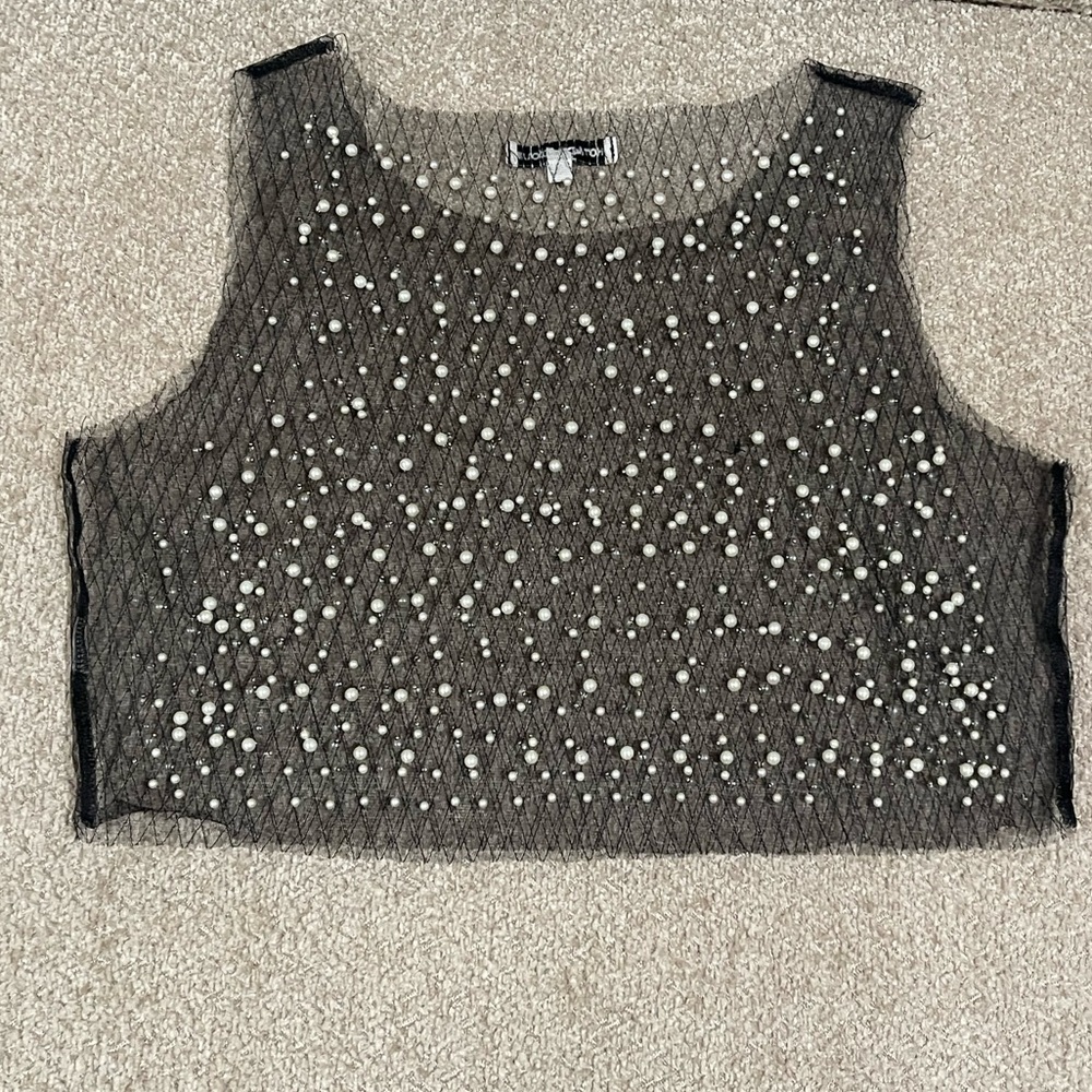 Elegant Black Sheer Pearl Rhinestone Top - Picture 7 of 8
